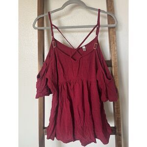 Burgundy Cold Shoulder V-Neck Tunic Top Adjustable Spaghetti Straps Plus 3XL